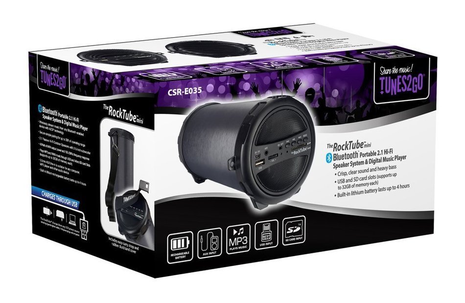 TUNES2GO CSR-E035 ROCKTube Mini Bluetooth Portable 2.1 Hi-Fi Speaker System and Digital Music Player N5