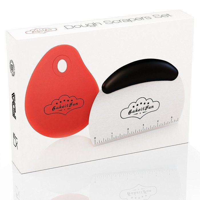BakeitFun Large Stainless Steel and Silicone Dough Scrapers Set | Plastic Handle Cutter & Flexible Curved Perfect...