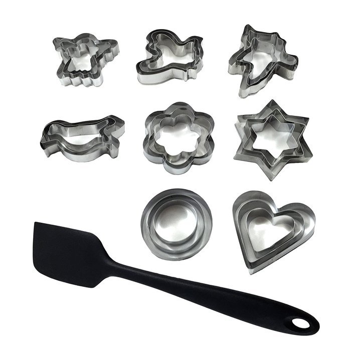Cookie Cutter Set Shapes Metal - 24 Piece + SPATULA &ndash; 3 sizes for each mini cookie cutter (star, flower, circle...