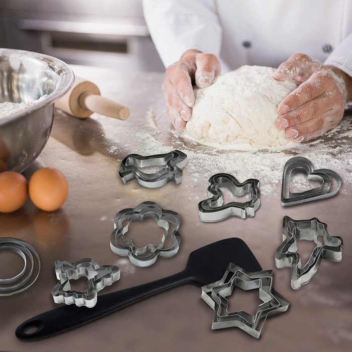 Cookie Cutter Set Shapes Metal - 24 Piece + SPATULA &ndash; 3 sizes for each mini cookie cutter (star, flower, circle... N4
