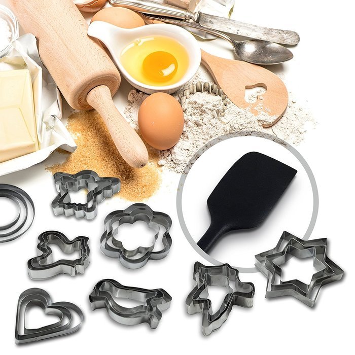 Cookie Cutter Set Shapes Metal - 24 Piece + SPATULA &ndash; 3 sizes for each mini cookie cutter (star, flower, circle... N6