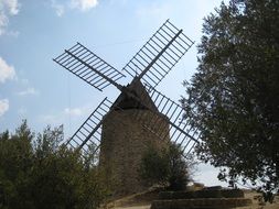 windmill on a hill among the trees