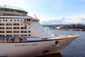 anchored cruise ship in port at city, norway, oslo