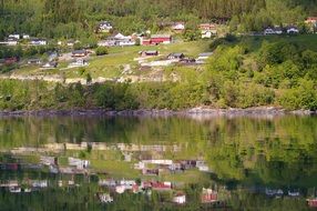 reflection of nature and houses in water, norway