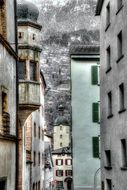 street in an old town in mountains with plants