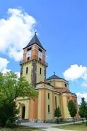 Church of the holy barbara against the background of the cloudy sky