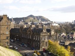 Aerial view of beautiful Edinburgh city near the mountains in Scotland