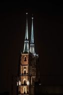 the spire of the Church belfry at night