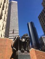 seattle skyscrapers with sculpture looking up scene