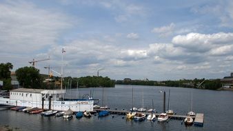 old rhine with boat houses in Mannheim