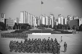 black and white photo military training on the square