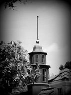 Black and white photo of the tower spire