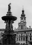 Black and white photo of the fountain in Czech Budejovice