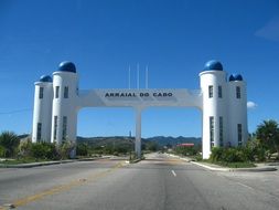 road sign with towers, brazil, rio de janeiro, arraial do cabo