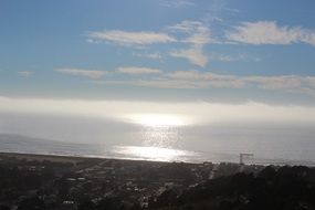 panorama of a bright city beach at sunset