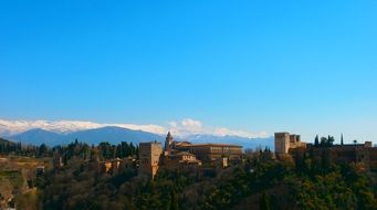 panorama of the old castle in Granada with mountains on background