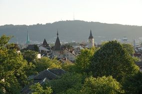 The roofs and spiers of Zurich in the background of the picturesque nature