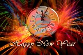 Happy New Year on the background of hours and salutes