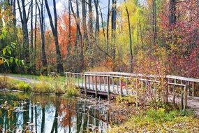 old wooden bridge on pond autumn season