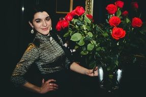 smile beauty girl model long hair beautiful red roses flowers