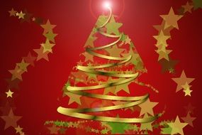 red background with golden stars and Christmas tree