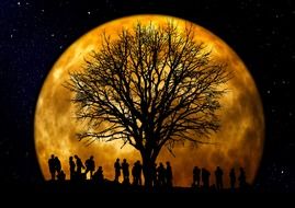 silhouette of people group on the moon background