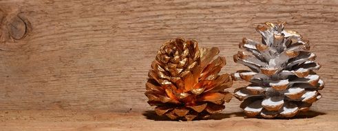 pine cones gold wood background