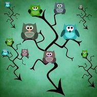 green background with funny colorful owls