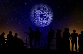 multimedia concept, globe with icons and human silhouettes