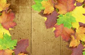 background with autumn foliage on the wooden surface
