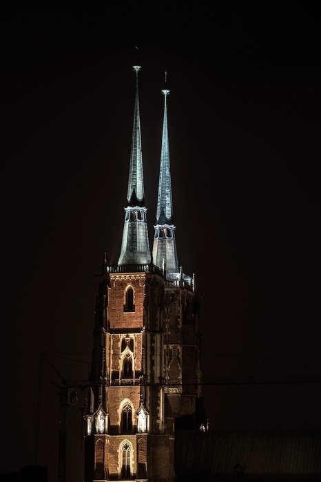 the spire of the Church belfry at night