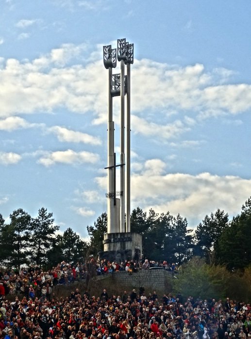 the crowd at the monument to the fallen