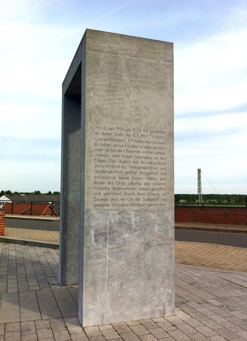 memorial stone for Eschede derailment of ice train with text, germany