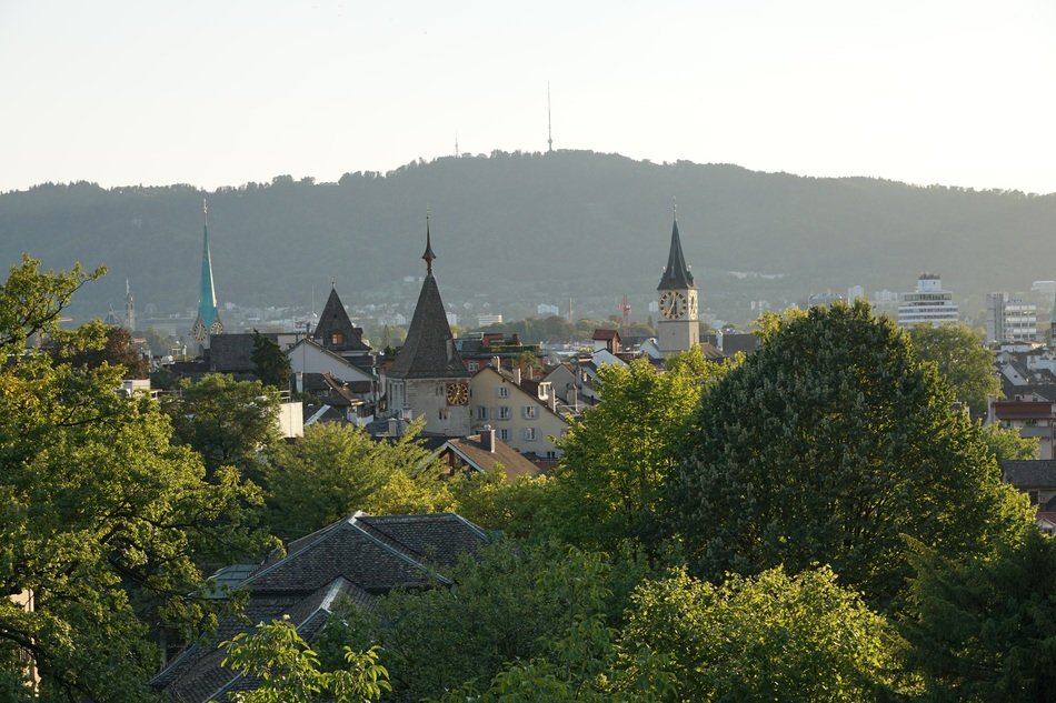 The roofs and spiers of Zurich in the background of the picturesque nature