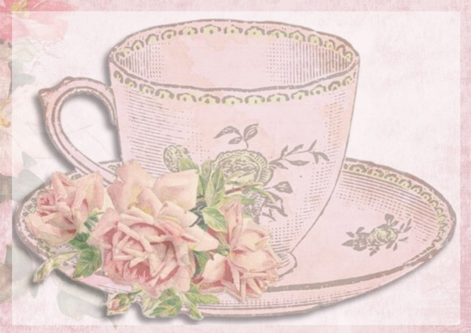 vintage card teacup roses pink
