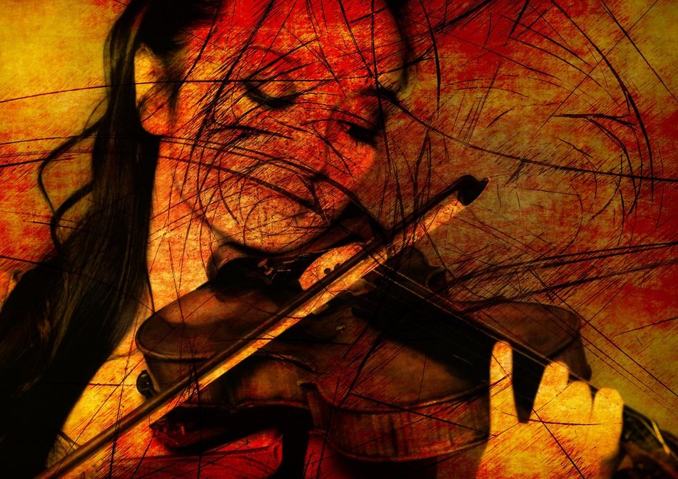 violinist on the yellow-red background with cracks