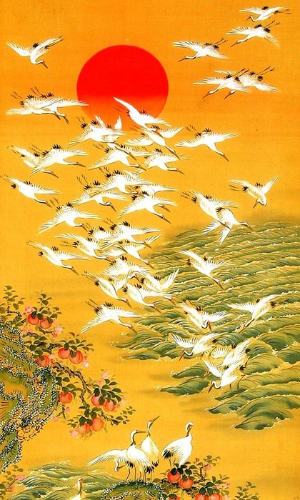 art japanese asian red sun birds