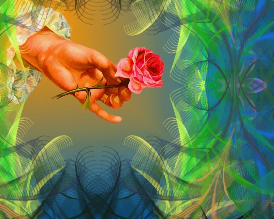 artistic image of scarlet rose in hand