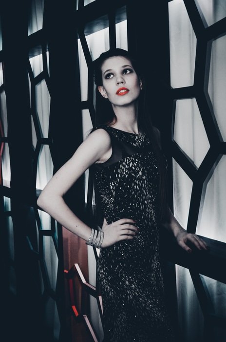 model in long evening dress on a background of doors
