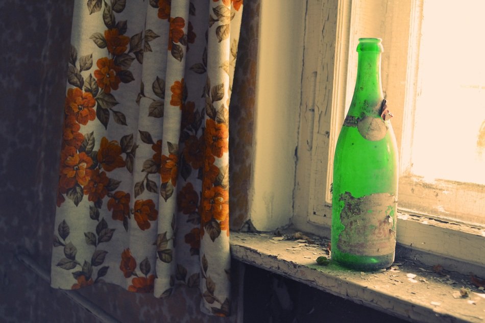 bottle green shabby curtain