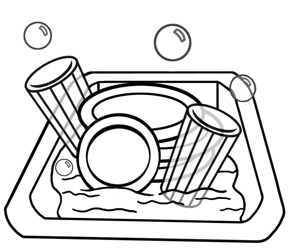 Black and white drawing of dirty dishes in the sink free image download