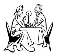 black and white drawing of man and woman at the table