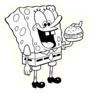 painted Sponge Bob with a hamburger in a coloring book