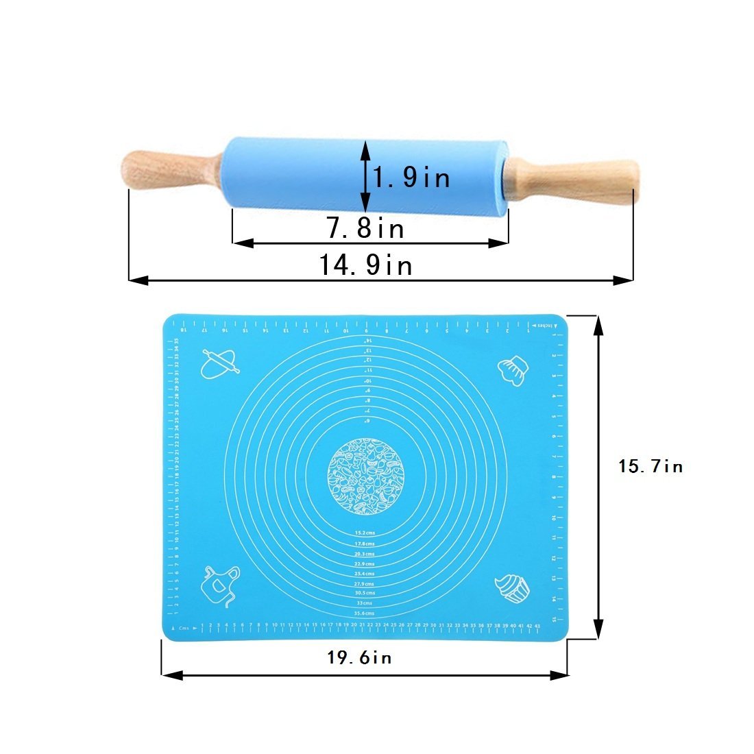 JamHoo Nonstick Rolling Pin & Silicone Large Pastry Mat With