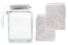 Teikis Glass Jug Pitcher White Lid (67 3/4oz) + 2 Pack Reusable Fine Mesh Nut Milk Bags Cheesecloth (10&quot; x 12&quot;...