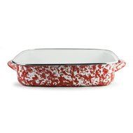 Golden Rabbit Enamelware Red Swirl Lasagna Pan with Swirl Glass Lid 10-1/2 Qt