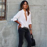 AIMTOPPY Women Sexy Blouse Long Sleeve Shirt Loose Pocket Shirts V Neck Tops (M, White) N5