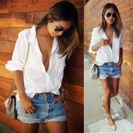 AIMTOPPY Women Sexy Blouse Long Sleeve Shirt Loose Pocket Shirts V Neck Tops (M, White) N8