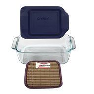 &#8203;Pyrex 8&quot; Square Baking Dish with Blue Plastic Lid, Brownies Pan - Includes Bamboo Hot Pad by Andalus