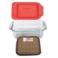 &#8203;Pyrex 8&quot; Square Baking Dish with Blue Plastic Lid, Brownies Pan - Includes Bamboo Hot Pad by Andalus N5
